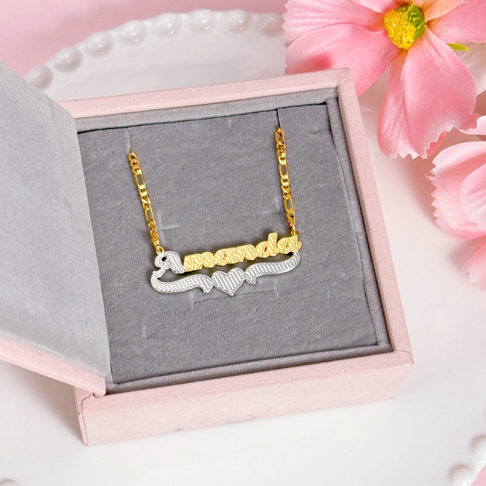 Custom Two Tone Diamond Cut Heart Name Necklace