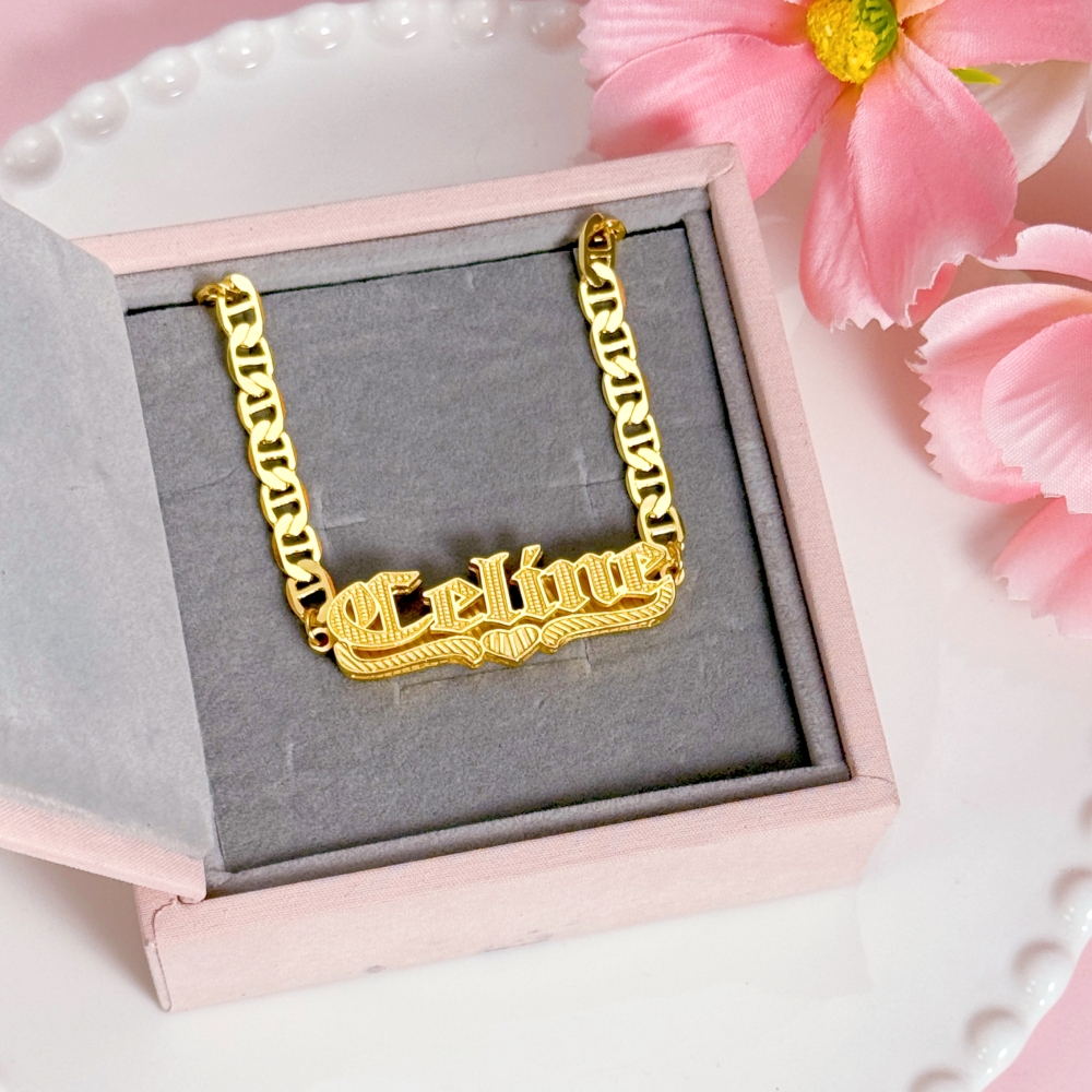 Double Plate Love Heart Personalized Custom Old English Font Gold Plated Name Necklace