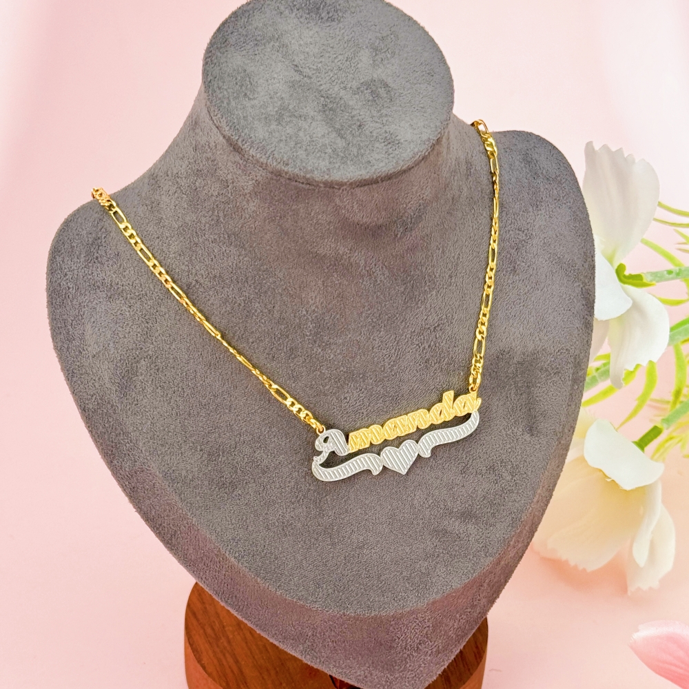 Custom Two Tone Diamond Cut Heart Name Necklace