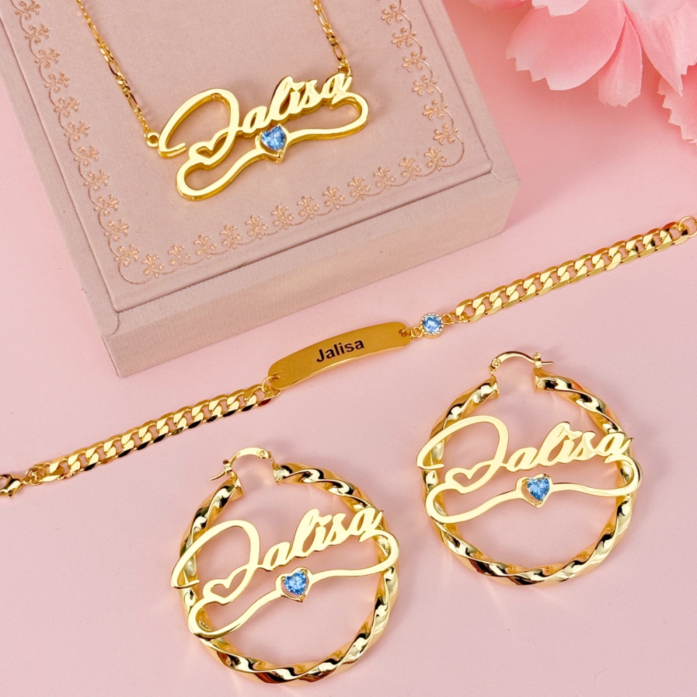 Custom Dainty Birthstone Heart Name Jewelry Set Engraving ID Set