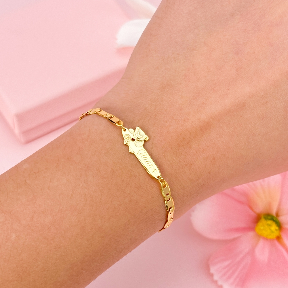 Gold Plated Personalized Teddy Bear Cute ID Bracelet