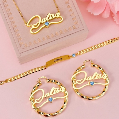 Custom Dainty Birthstone Heart Name Jewelry Set Engraving ID Set
