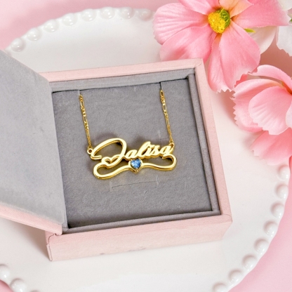 Custom Dainty Birthstone Heart Name Jewelry Set Engraving ID Set