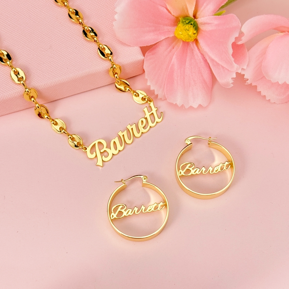 Personalized Mariner Chain Name Necklace and Chunky Hoop Earrings Jewelry Set