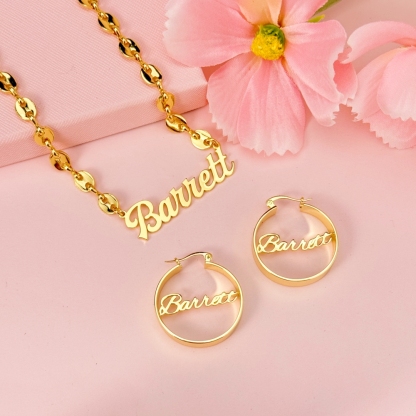 Personalized Mariner Chain Name Necklace and Chunky Hoop Earrings Jewelry Set