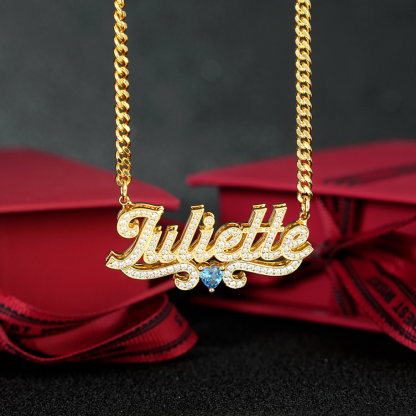Double Layer Zircon With Birthstone Nameplated Pendant Personalized Name Necklace