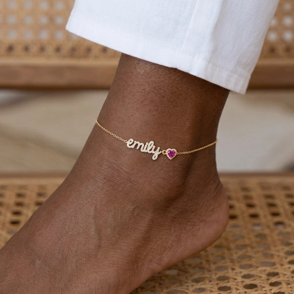 Personalized Zirconia Name with Heart Birthstone Custom Anklet