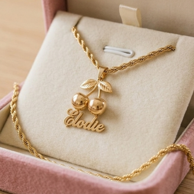 Personalized Cherry Nameplate Necklace Women Gift