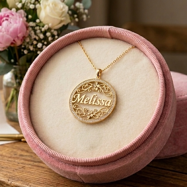 Custom Round Pendant Flower Name Necklace For Mom
