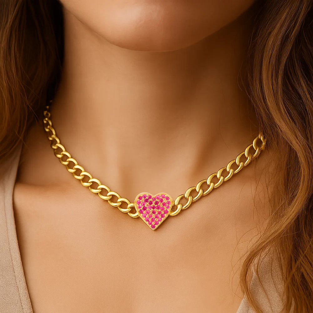 Pink Zirconia Heart Cuban Chain Necklace Choker