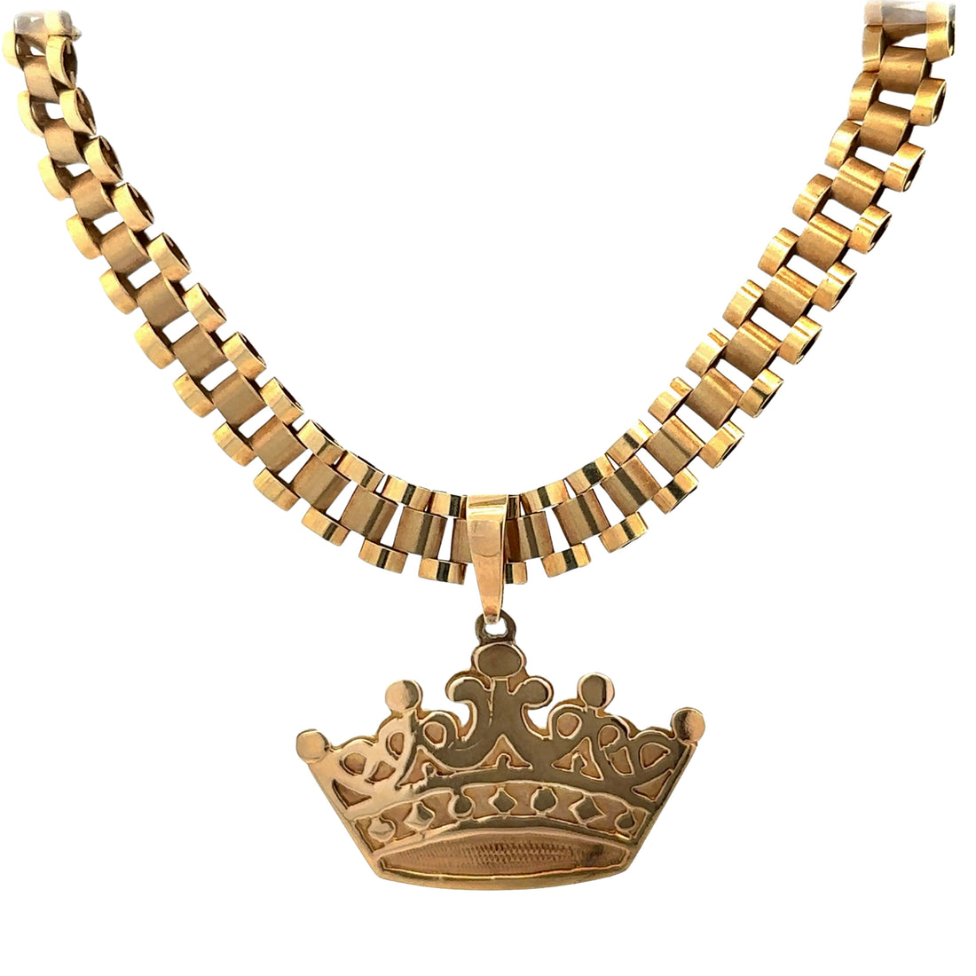 Rolex Style Chain Gold Plated Crown Pendant Necklace 10mm Width