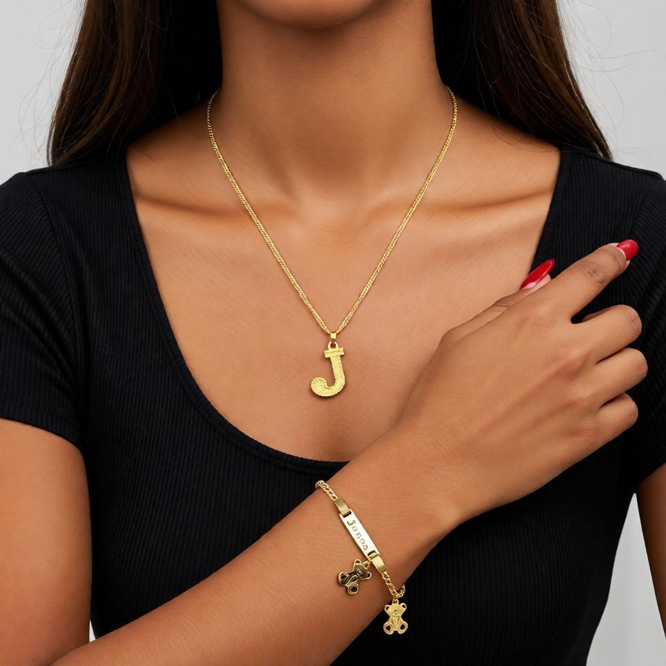 Gold Plated Bear Initial Custom Necklace & Bracelet Jewelry Set