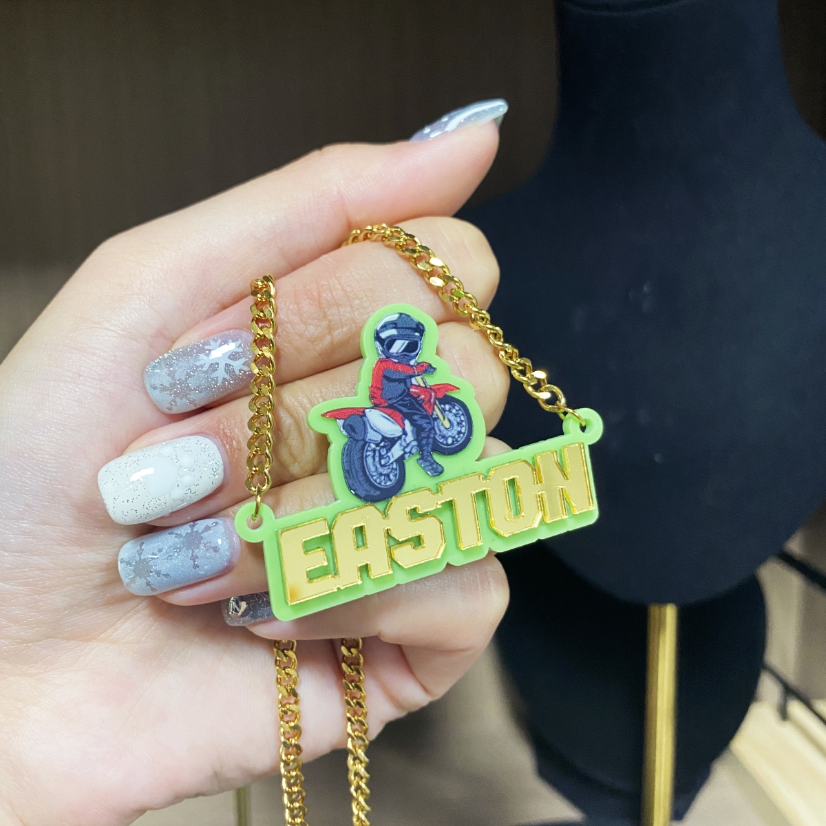 Acrylic Cool Racer With Motorcycle Rider Curb Chain Personalized Name Necklace 