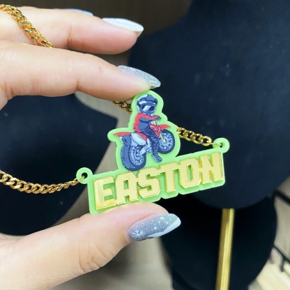 Acrylic Cool Racer With Motorcycle Rider Curb Chain Personalized Name Necklace 