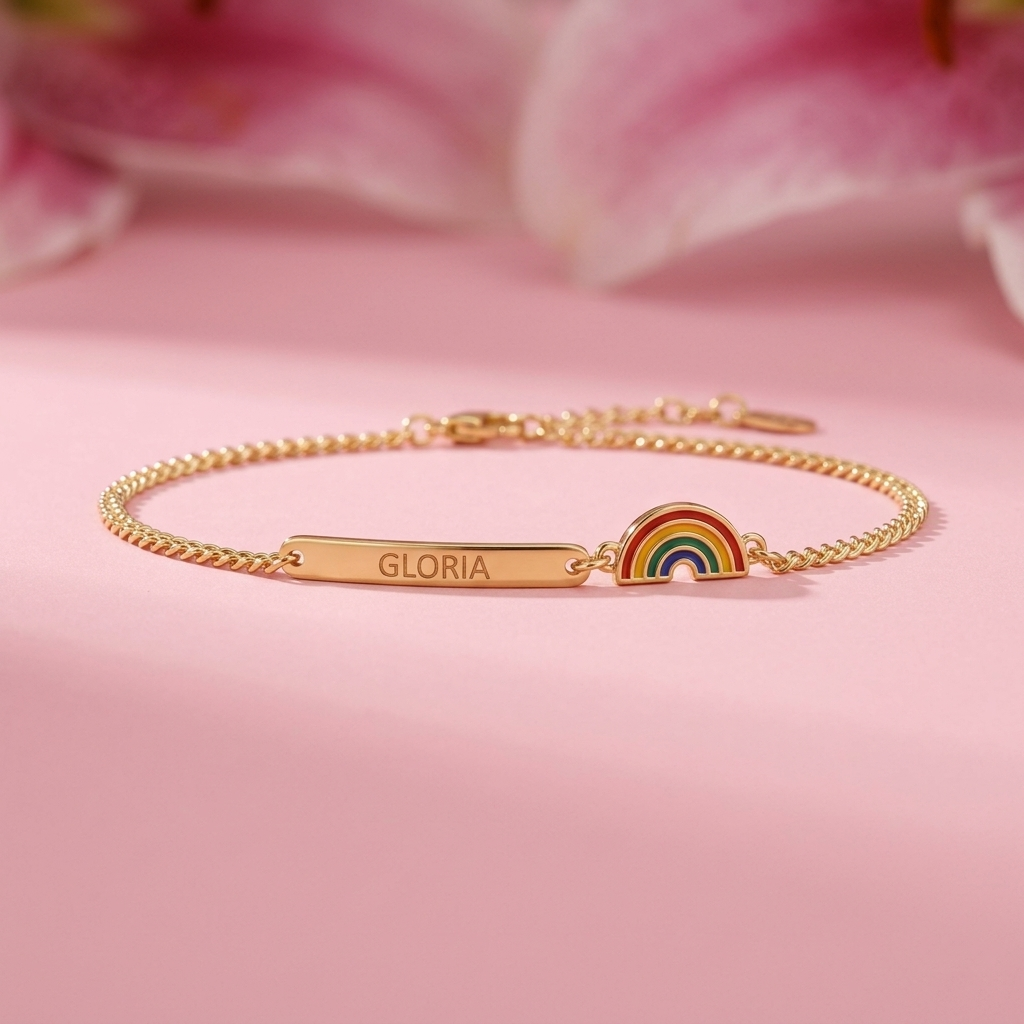 Personalized Gold Plated Color Rainbow Pendant Bar Engraved Id Name Bracelet