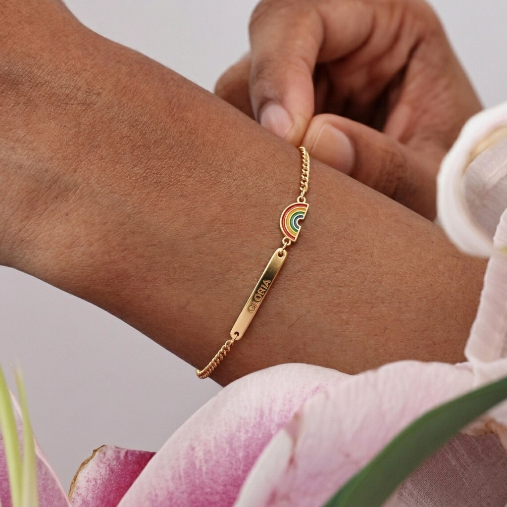 Personalized Gold Plated Color Rainbow Pendant Bar Engraved Id Name Bracelet