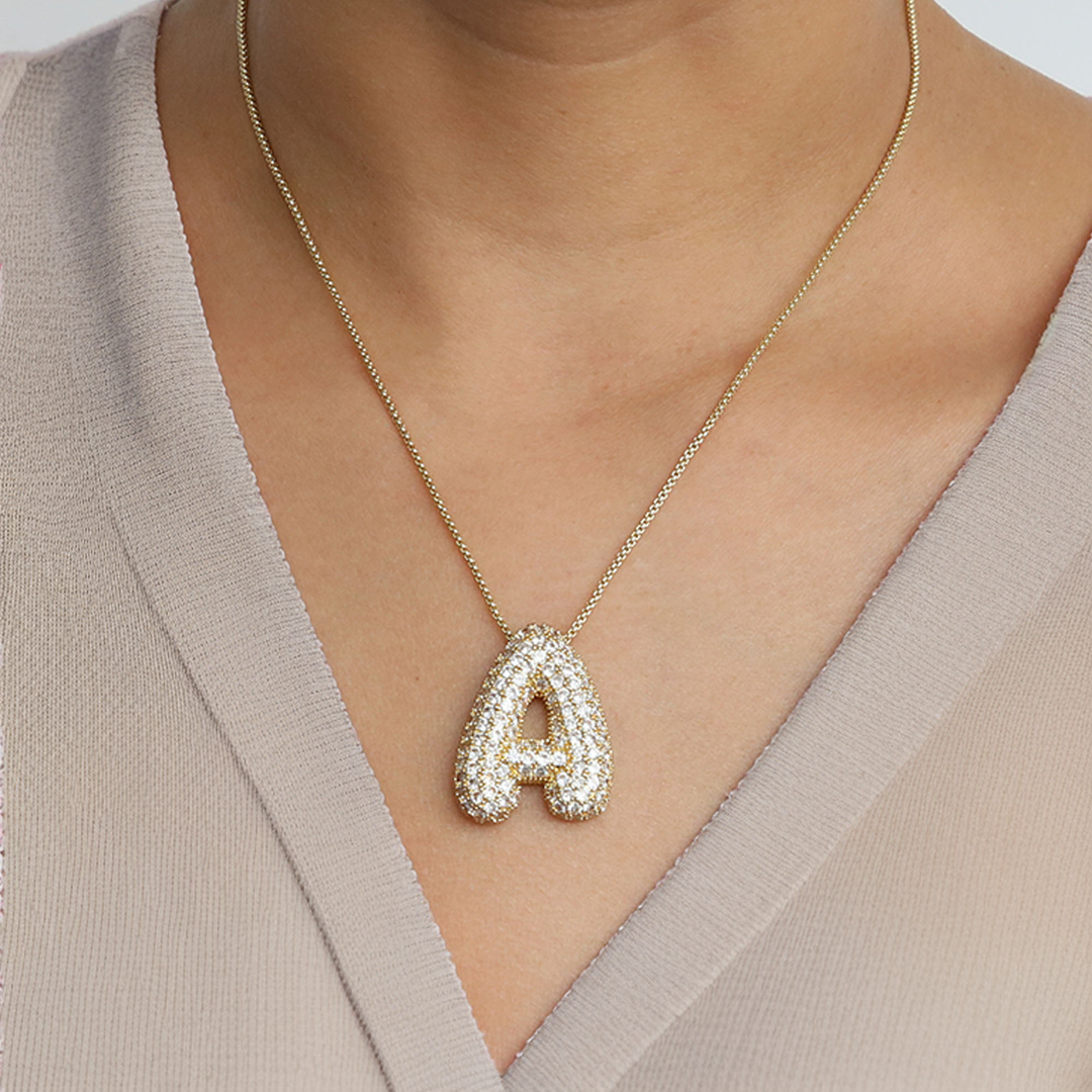 Bubble Initial Diamond Necklace Custom Letter Necklace