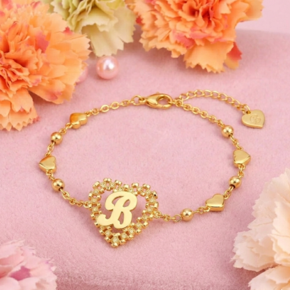 Personalized Rx Style Heart Initial Bracelet with Heart Beads Chain