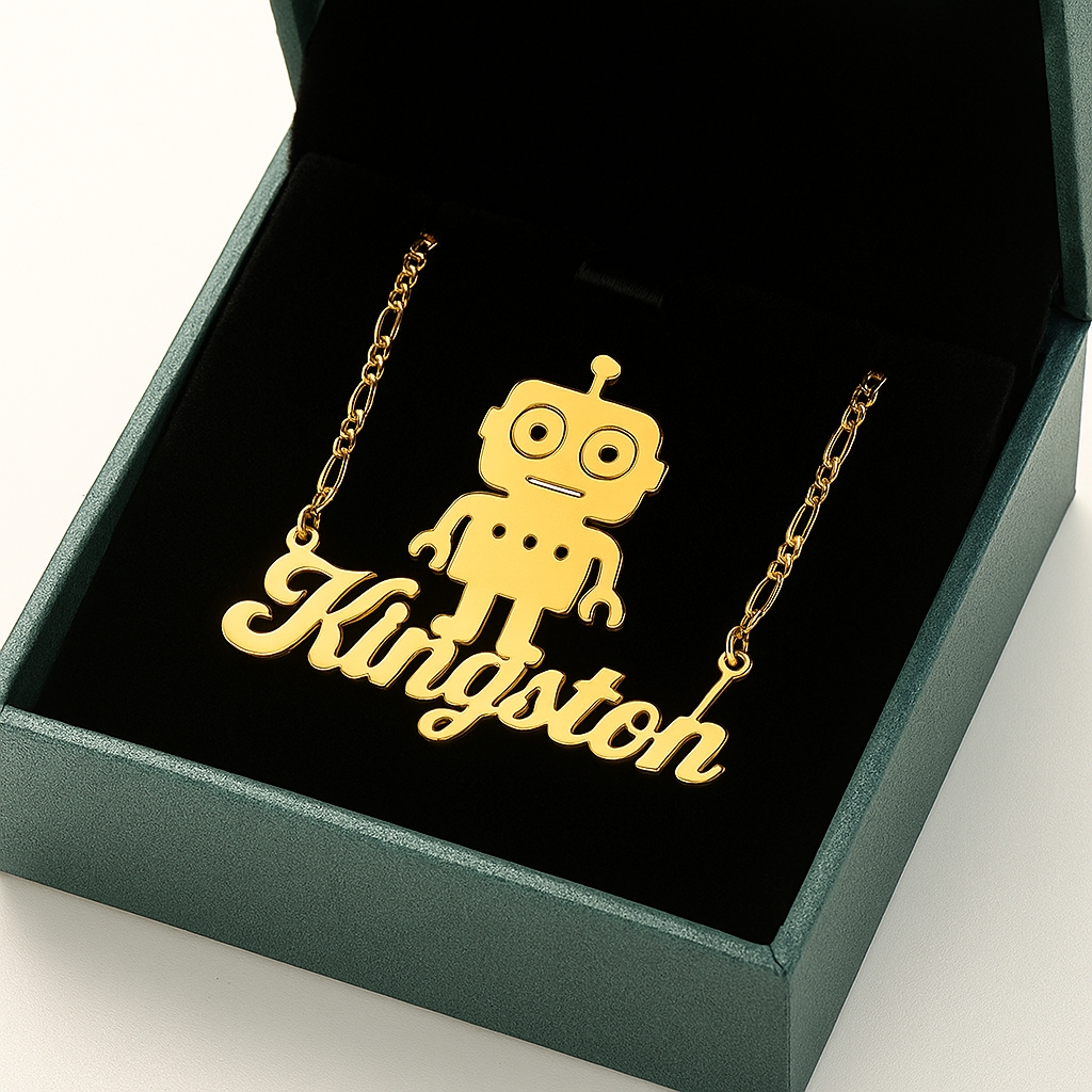 Personalized Gold Plated Robot Nameplate Necklace Gift For Boys