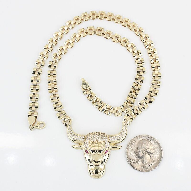 Rolex Style Gold Plated Chicago Bulls Cubic Zirconia Necklace 6mm Width