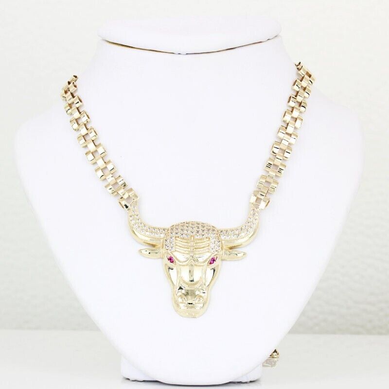 Rolex Style Gold Plated Chicago Bulls Cubic Zirconia Necklace 6mm Width