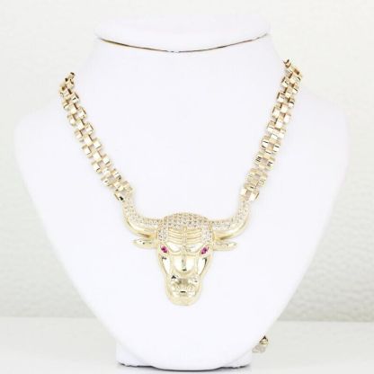 Rolex Style Gold Plated Chicago Bulls Cubic Zirconia Necklace 6mm Width
