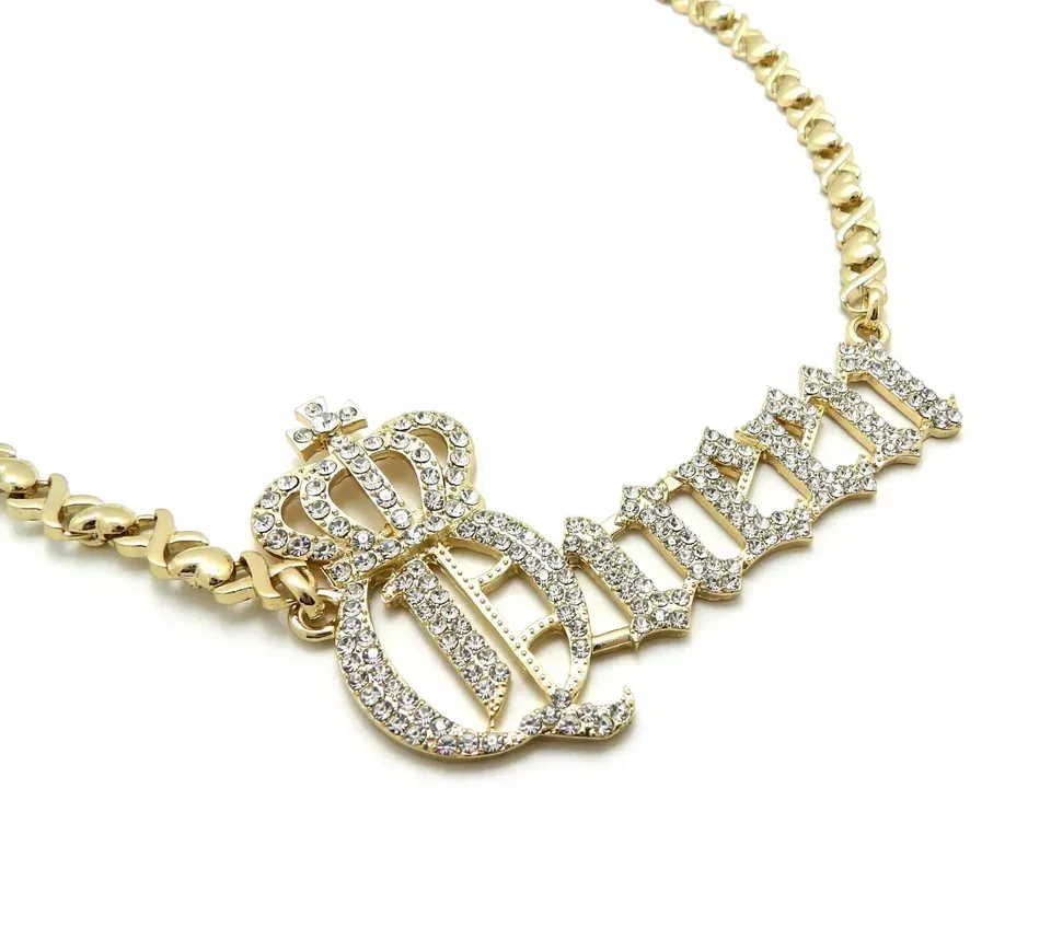 Iced Out Cubic Zirconia Crown Nameplated Pendant Personalized Name Necklace