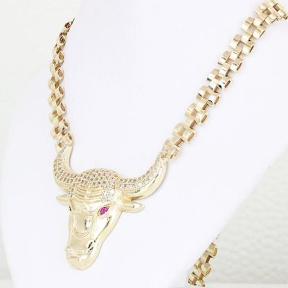 Rolex Style Gold Plated Chicago Bulls Cubic Zirconia Necklace 6mm Width