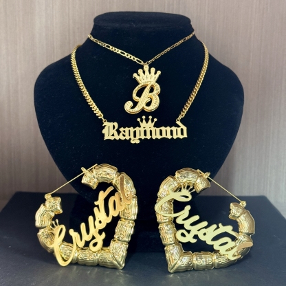 Crown Nameplated Pendant Personalized Initial Necklace Name Necklace And Bamboo Earrings 3 Piece Set