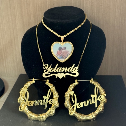 Heart Pendant Personalized Photo Necklace Name Necklace And Bamboo Earrings 3 Piece Set