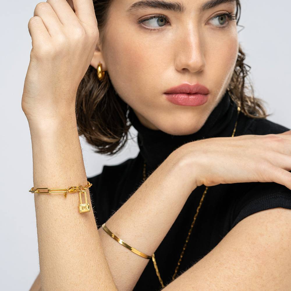 Square Initial Lock Chain Bracelet Personalized Gold Plated Initial Bracelet