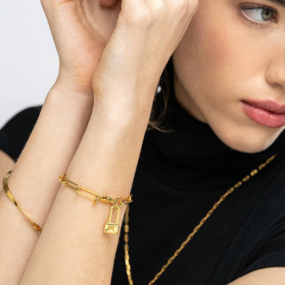 Square Initial Lock Chain Bracelet Personalized Gold Plated Initial Bracelet