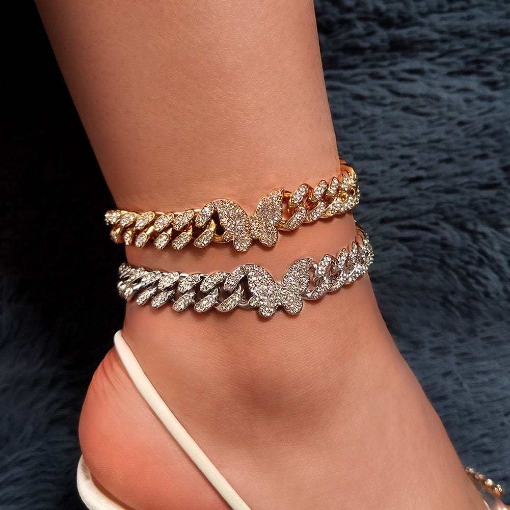 Butterfly Iced Out Cuban Chain Anklet