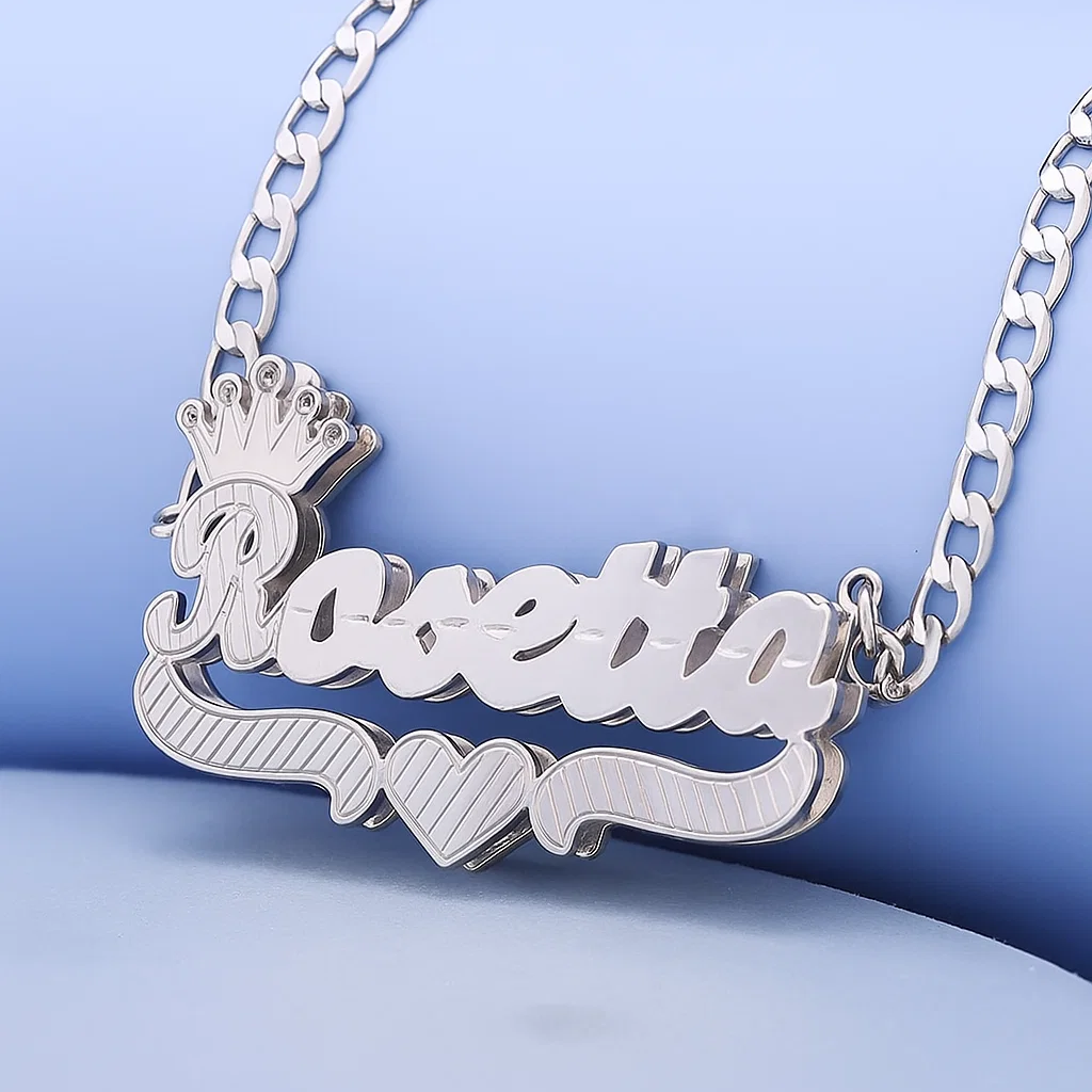 Double Layer Crown Heart Nameplate Personalized Name Necklace 