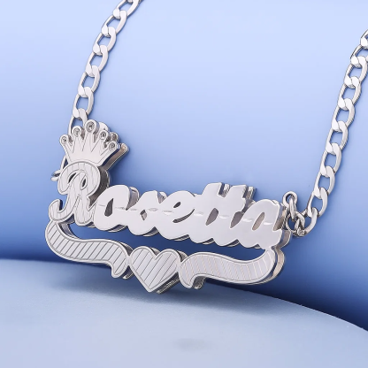 Double Layer Crown Heart Nameplate Personalized Name Necklace 