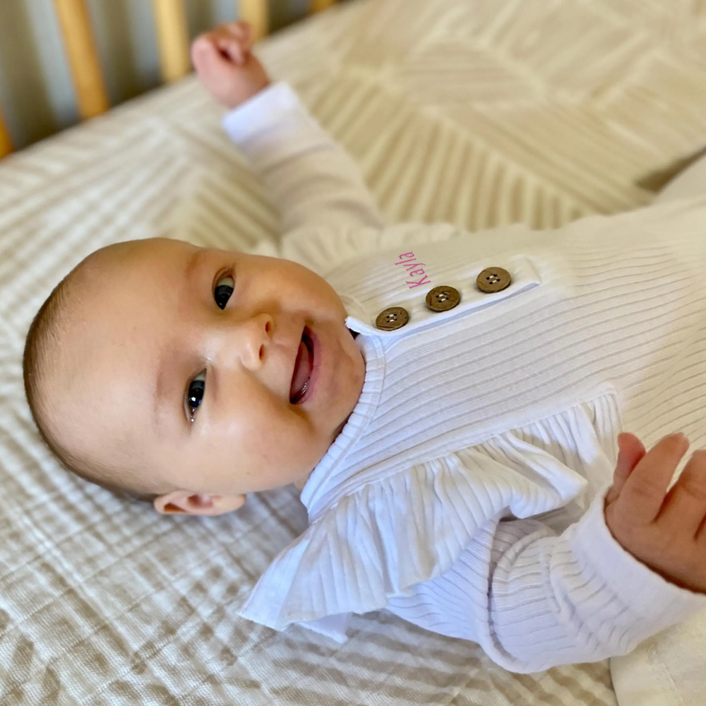 Personalized Embroidery Baby Girls Ruffle Ribbed Knit Romper | CWBaby150