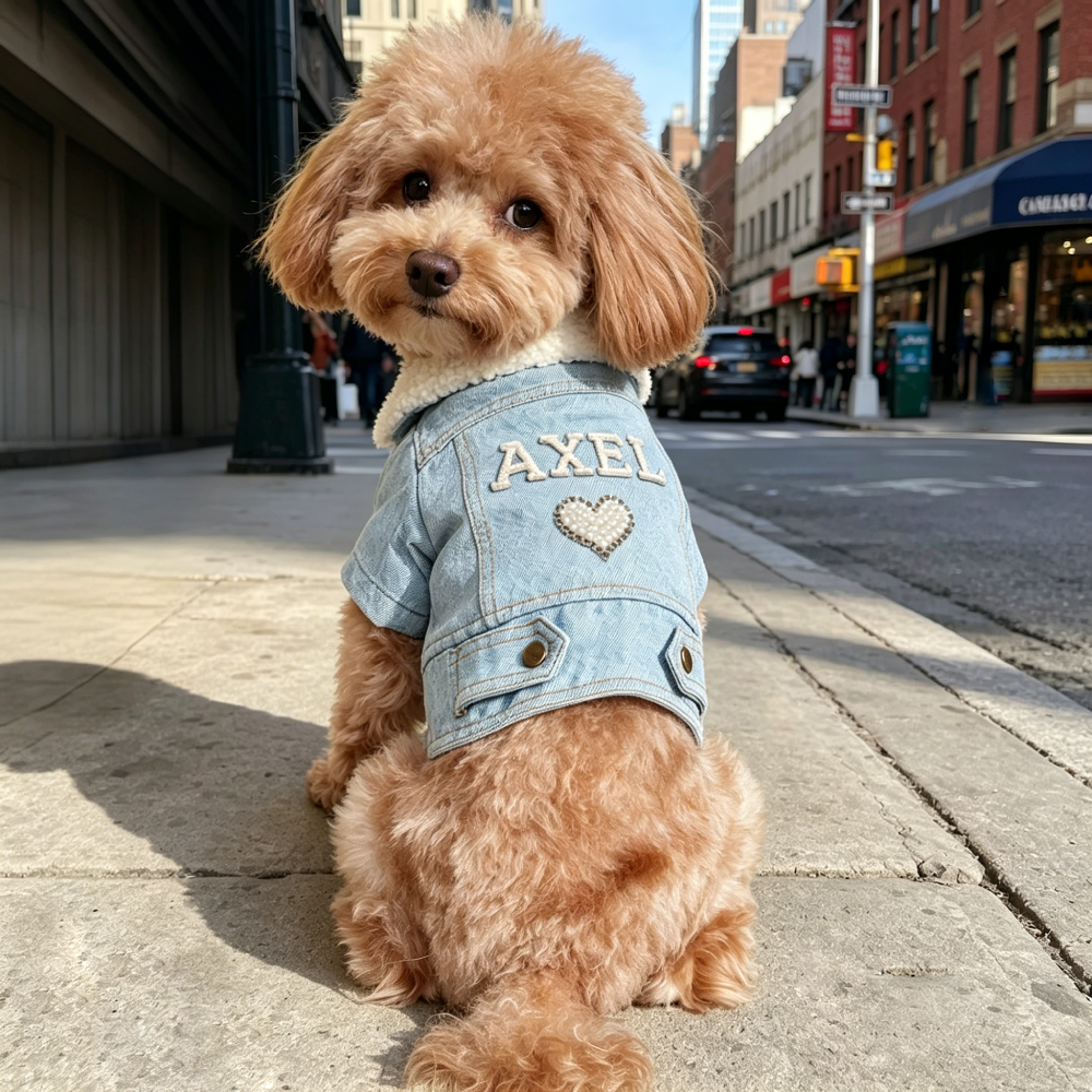 Personalized Handmade Pearl Patch Fleece-Lined Denim Dog Jacket | MNCloth226