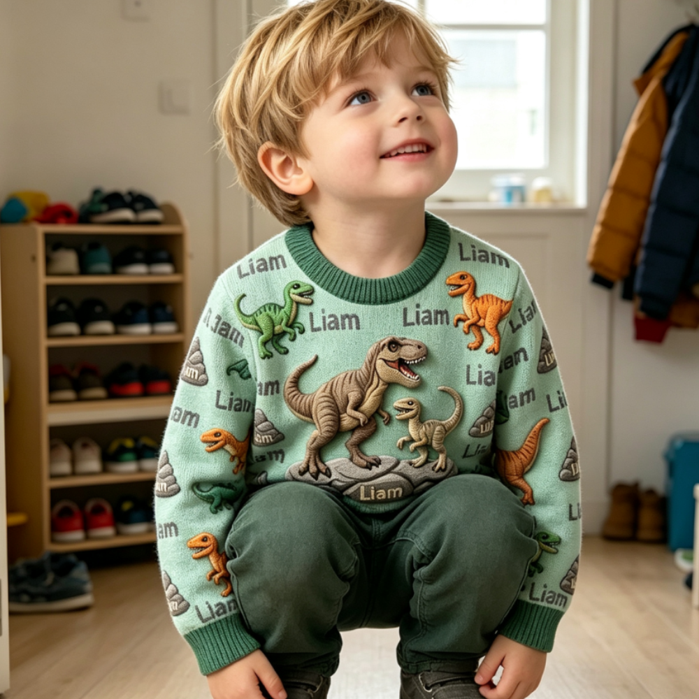 Personalized Lovely Kids Forest Dinosaur Knit Sweater | CWSweater26