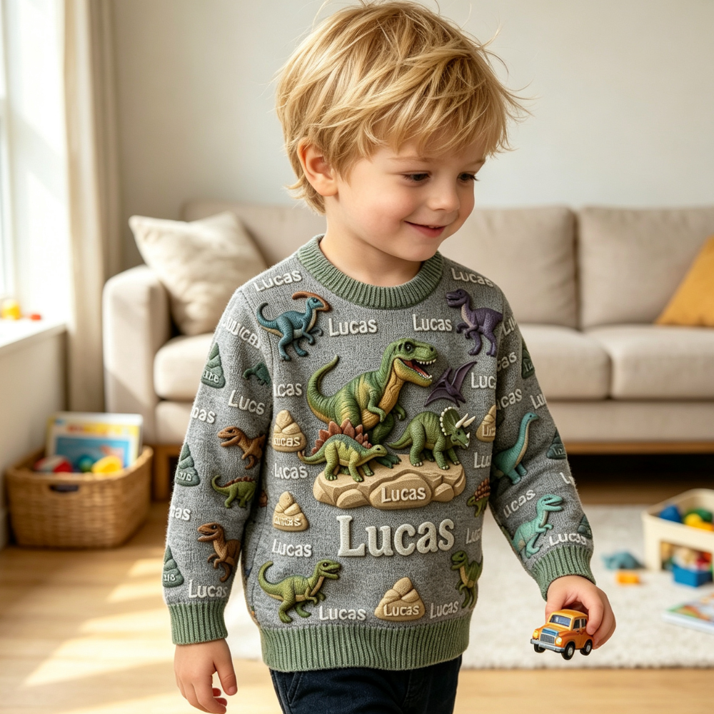 Personalized Lovely Kids Forest Dinosaur Knit Sweater | CWSweater26