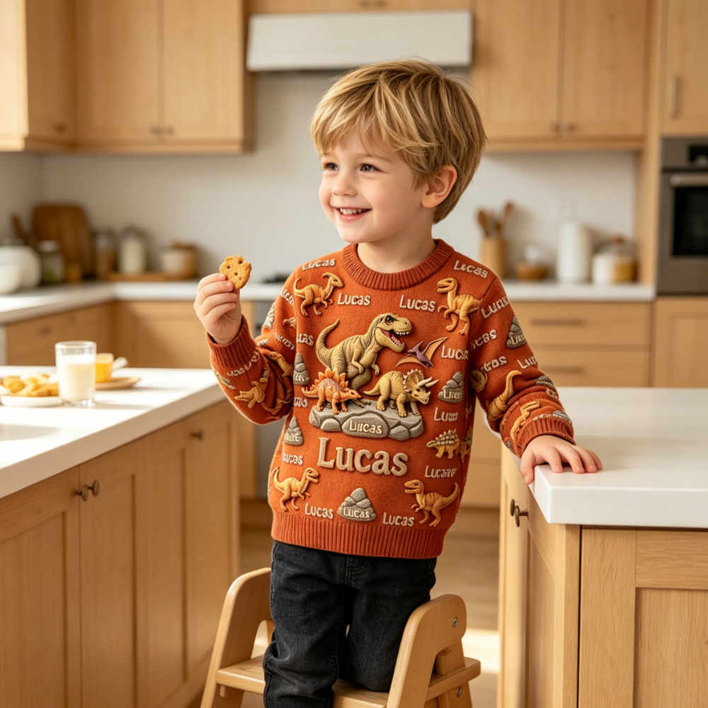 Personalized Lovely Kids Forest Dinosaur Knit Sweater | CWSweater26