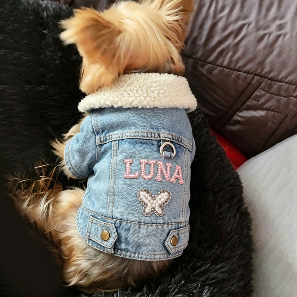 Personalized Handmade Pearl Patch Fleece-Lined Denim Dog Jacket | MNCloth226