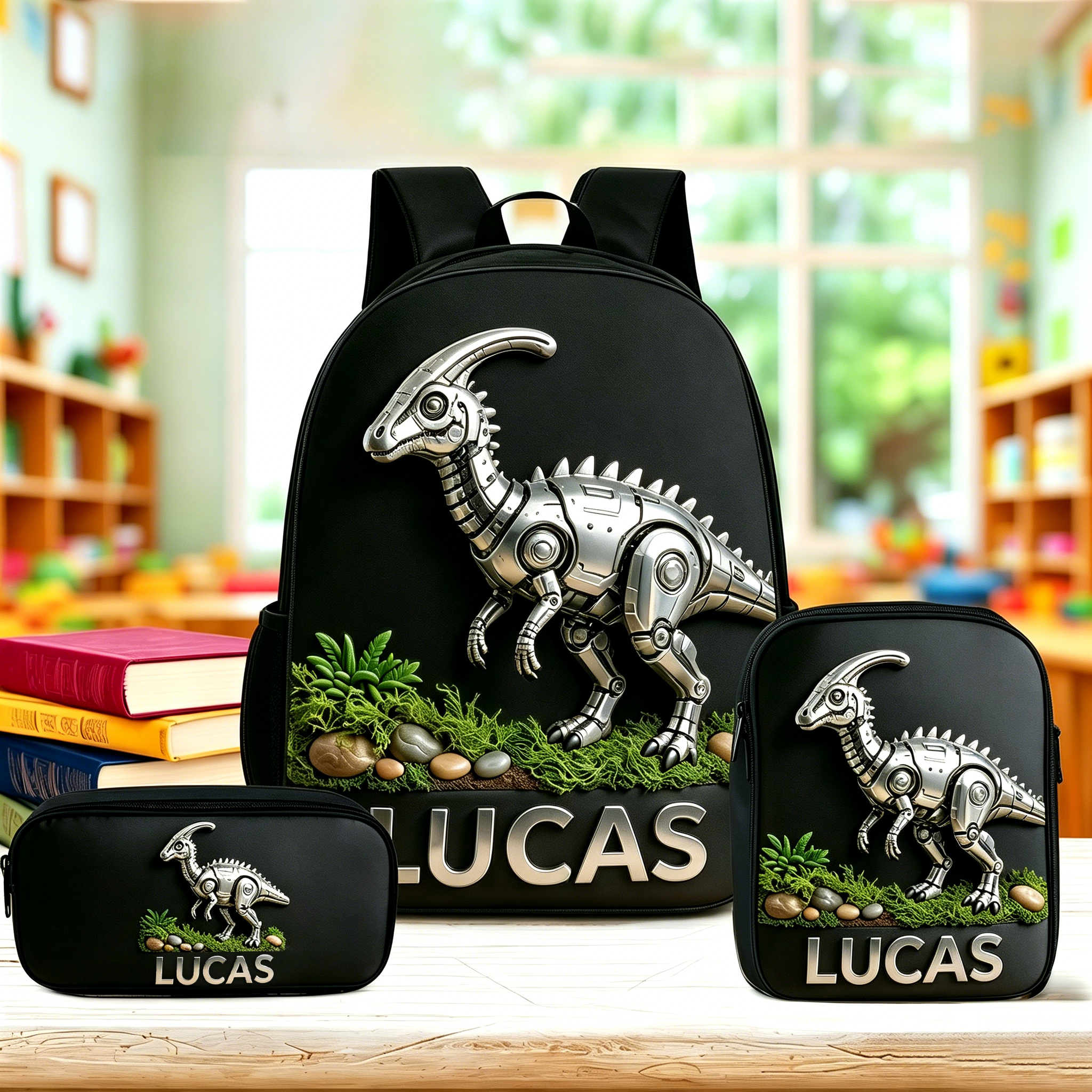 Personalized Kid Mechanical Dinosaur Backpack Set | CWPack366