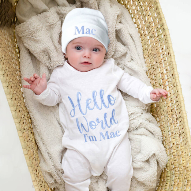 Personalized Embroidered Baby Hello World Romper and Hat Set | CWBaby166