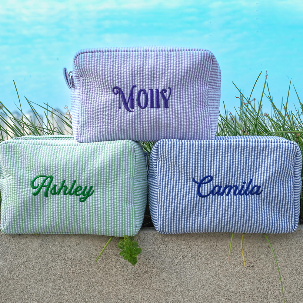 Personalized Embroidered Seersucker Striped Makeup Bag | CWPack295