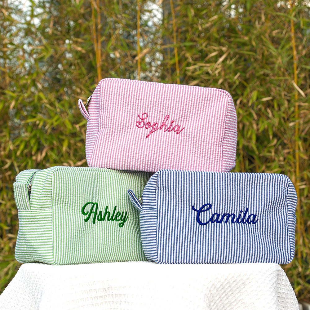 Personalized Embroidered Seersucker Striped Makeup Bag | CWPack295