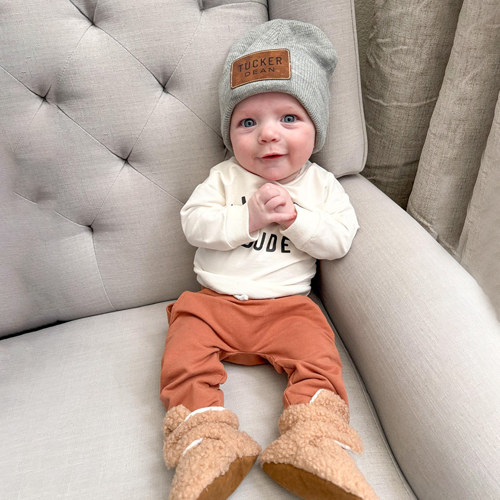 Personalized Classic Leather Patch Beanies For Kid & Adult | HSKid65