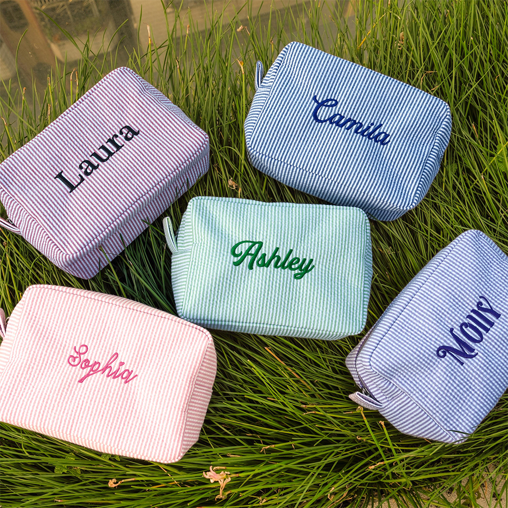 Personalized Embroidered Seersucker Striped Makeup Bag | CWPack295