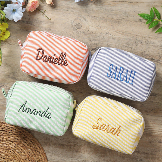 Personalized Embroidered Seersucker Striped Makeup Bag | CWPack295