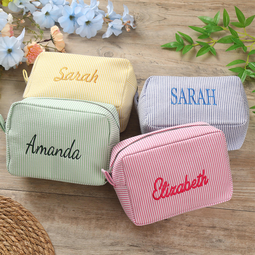 Personalized Embroidered Seersucker Striped Makeup Bag | CWPack295