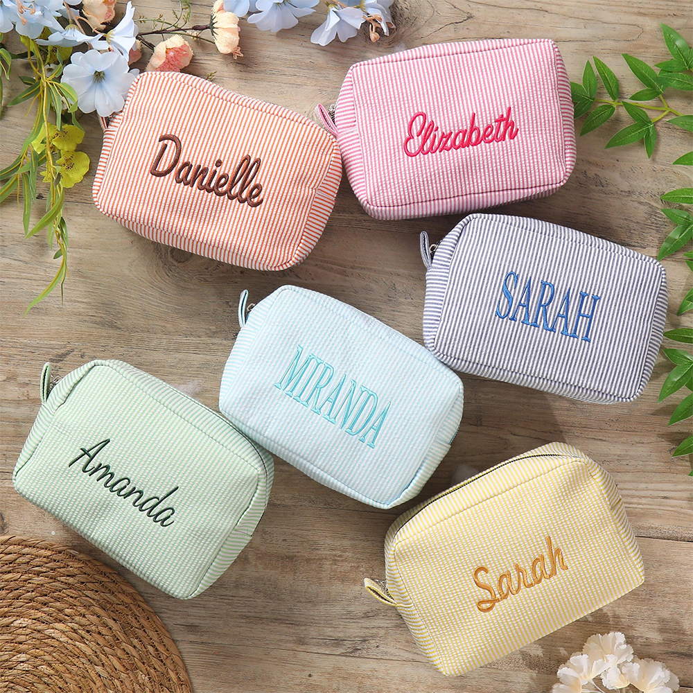 Personalized Embroidered Seersucker Striped Makeup Bag | CWPack295